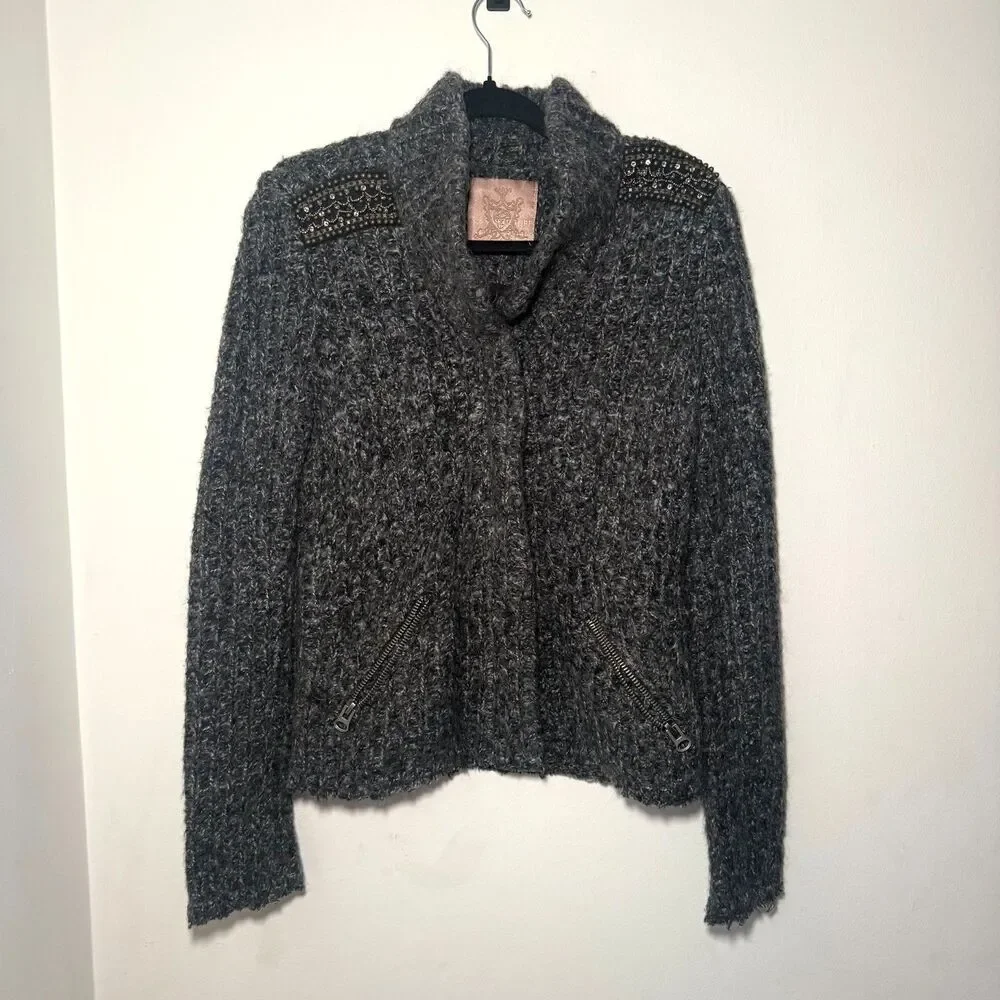 Culture Calvari Knit Cardigan Beaded Shoulder‎ Detail Military Zippers S